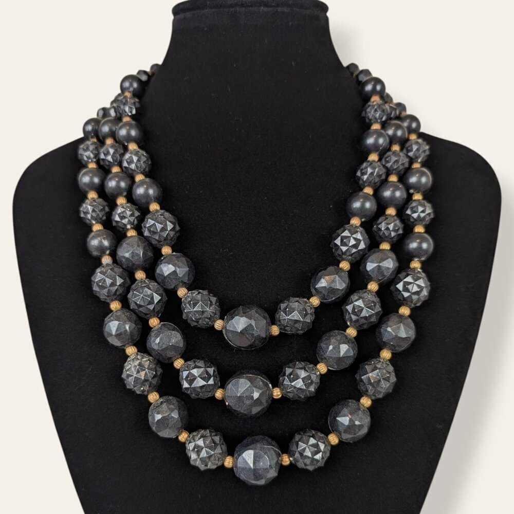 V. 3-Strand Mid-Century Black Beaded Statement Necklace